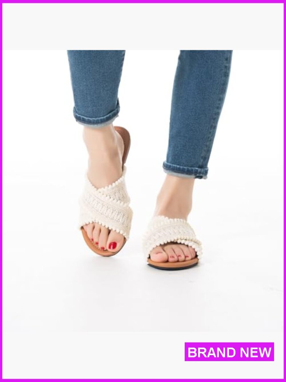 Women Crisscross Flat Sandals Woven Macrame Pom Pom Trim Slide Sandals - Picture 2 of 7